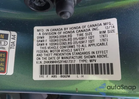 2015 Honda Cr-V Ex z USA, uszkodzony, nr VIN 2HKRM4H52FH617317